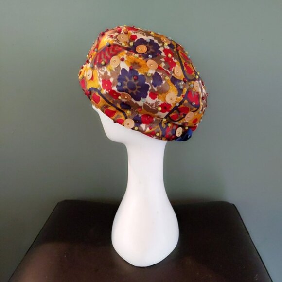 Vtg 60s Floral Liberty Sequin Pillbox Turban Hat - Picture 3 of 6